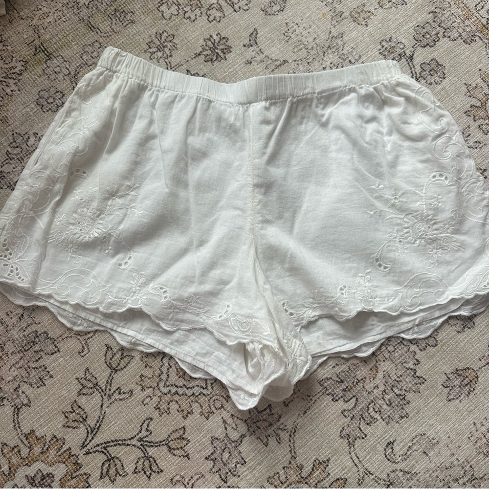 Zara White Embroidered Cotton Sleep Shorts